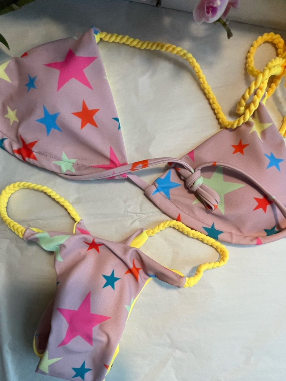 Pink Star Print Bikini with Yellow Braided Straps